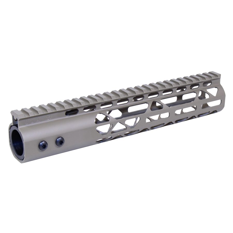 Matte gray AR-15 handguard with Picatinny rail, skeletonized for lightness and heat management.