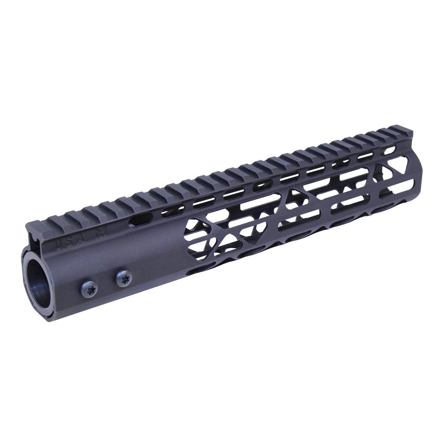 Matte black AR-15 handguard with Picatinny rail and lightweight, ventilated honeycomb design.
