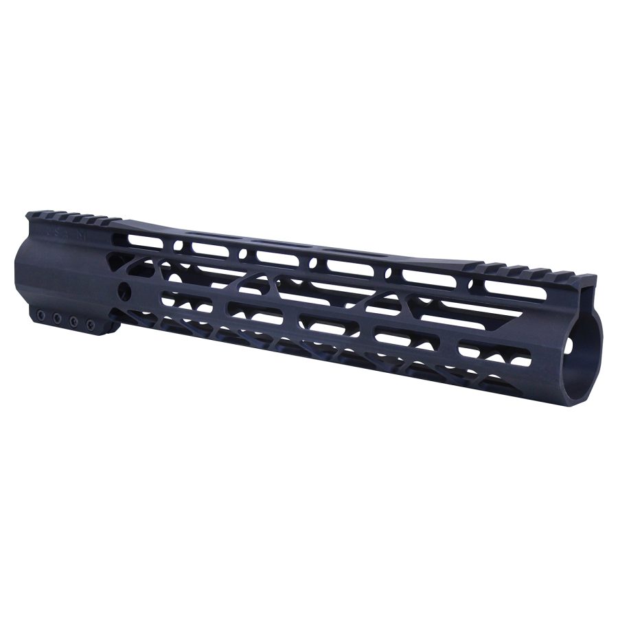Black anodized aluminum rifle handguard with skeletal design for modular accessory mounting and ventilation.