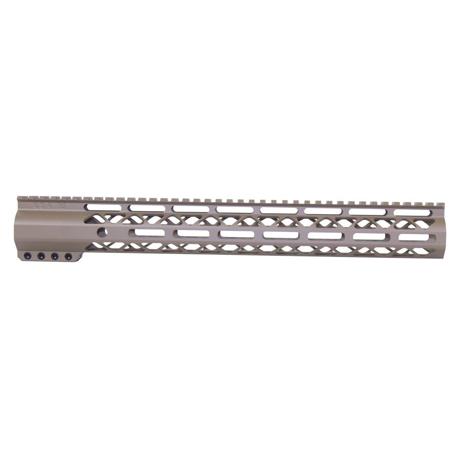 Flat dark earth AR-15 handguard with diamond cutouts, Picatinny rail, made by Midwest Industries.