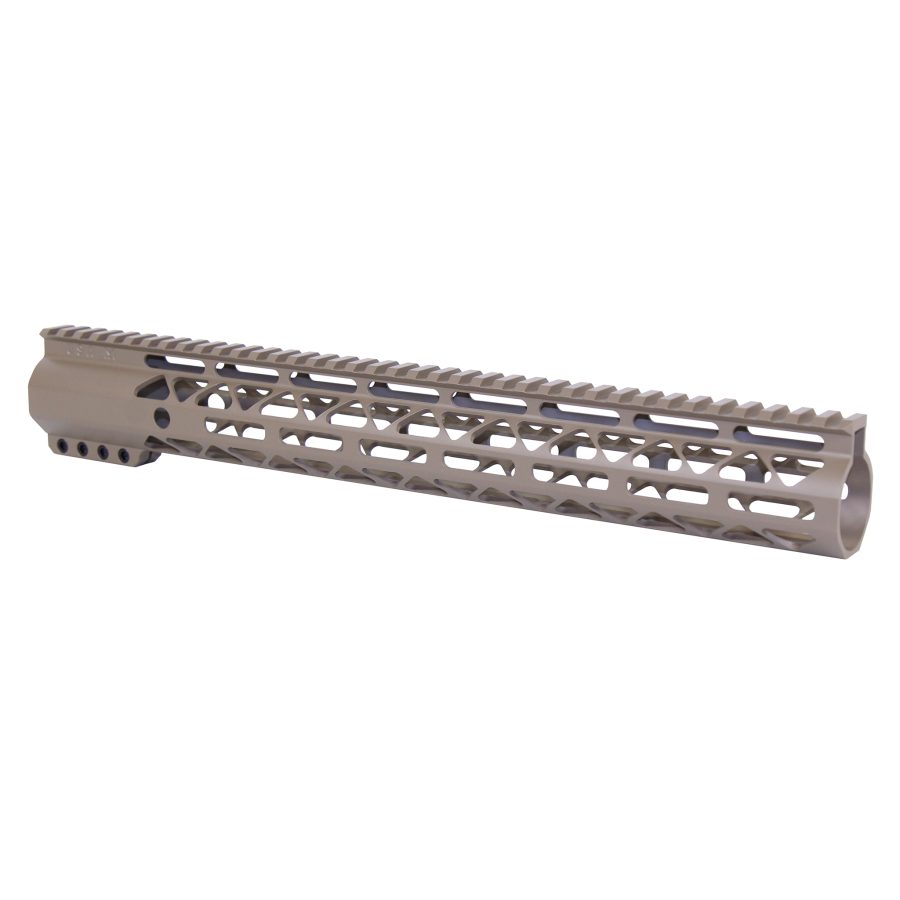 Tan AR rifle handguard with Picatinny rail: lightweight, durable, cooling-efficient for tactical use.