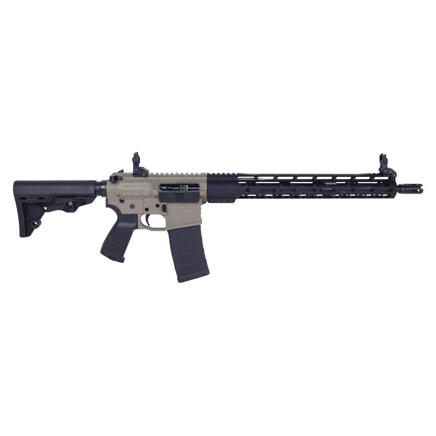 Two-tone AR-15 with tan receiver, black accessories; tactical features, product photo.