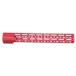 Candy apple red firearm handguard with Picatinny rail, diamond cutouts, and U.S. engravings.