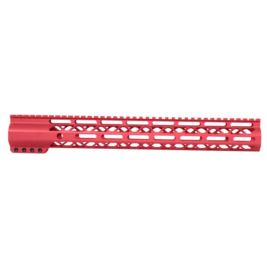 Candy apple red firearm handguard with Picatinny rail, diamond cutouts, and U.S. engravings.