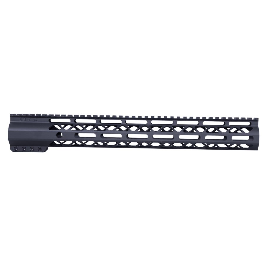 Matte black AR-15 handguard with Picatinny rail, M-LOK slots, diamond-cut pattern, lightweight aluminum.