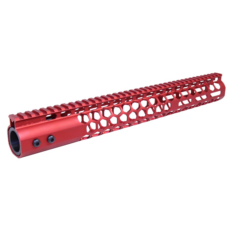Red anodized firearm handguard with honeycomb pattern and Picatinny rail for customization.