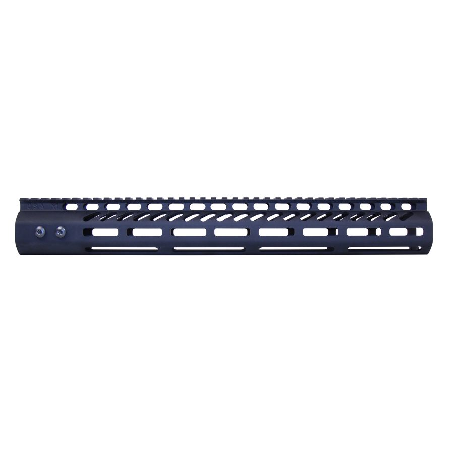Matte black AR-15 handguard with ventilation slots and Picatinny rail for accessories.