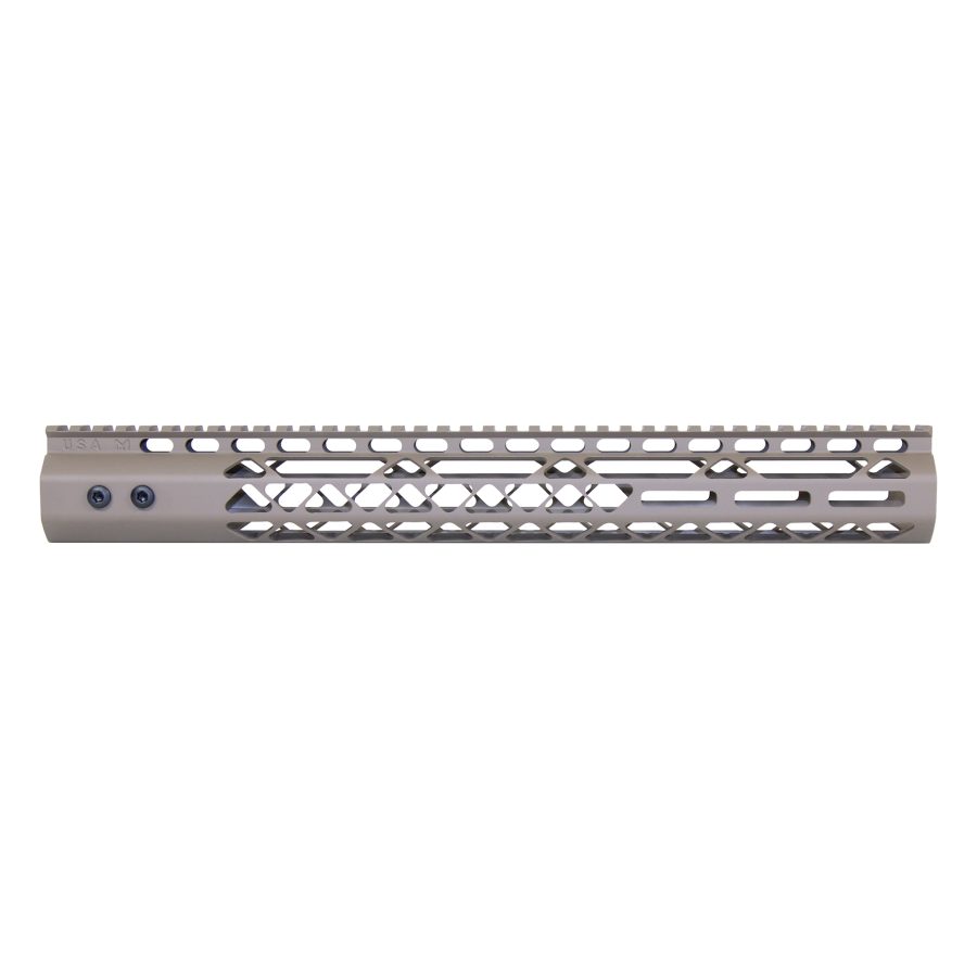 Tactical tan rifle handguard with geometric cutouts, Picatinny rail, and blue screws for mounting.