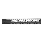 Black free-float AR-15 handguard, Picatinny rail, geometric cutouts, aluminum construction, M-LOK compatible.
