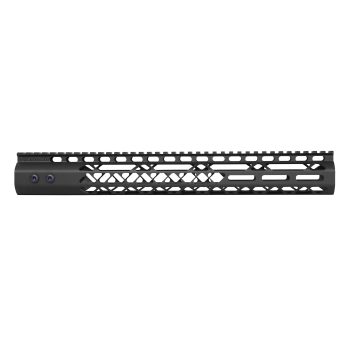 Black free-float AR-15 handguard, Picatinny rail, geometric cutouts, aluminum construction, M-LOK compatible.