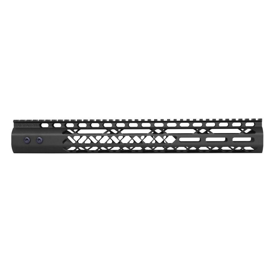 Black free-float AR-15 handguard, Picatinny rail, geometric cutouts, aluminum construction, M-LOK compatible.