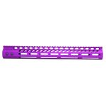Bright purple anodized rifle handguard with Picatinny rail, cutouts, and customization features.