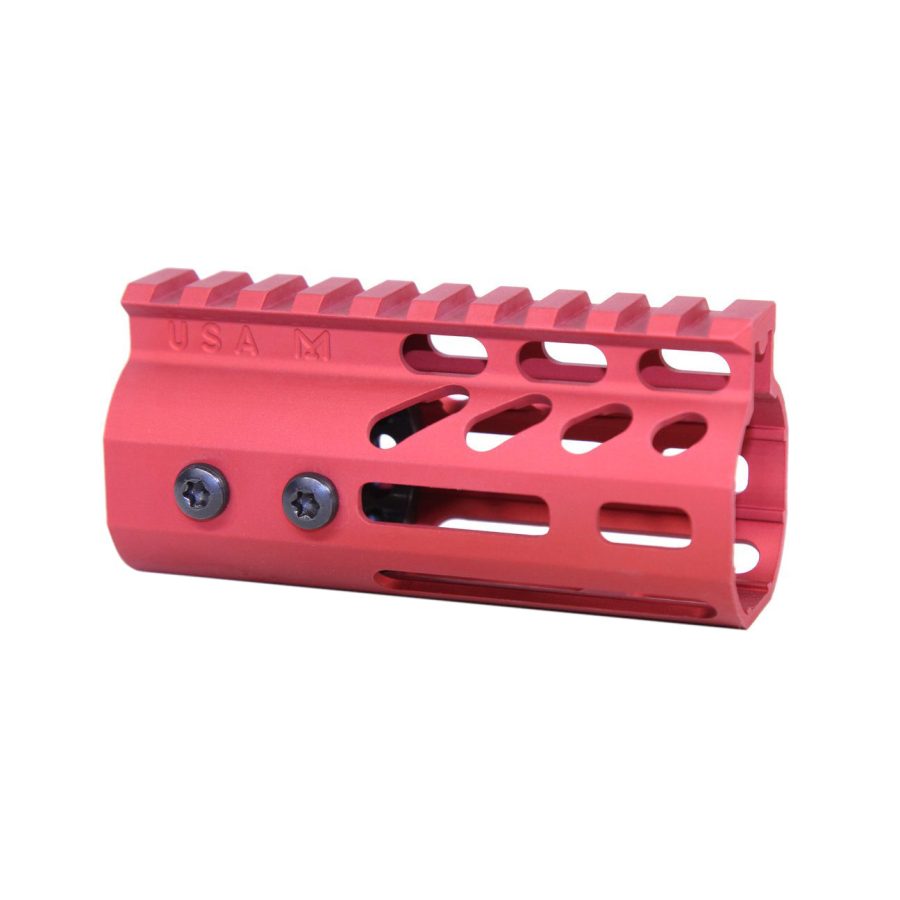 Red anodized aluminum rifle handguard with Picatinny rail and M-LOK slots for accessories.