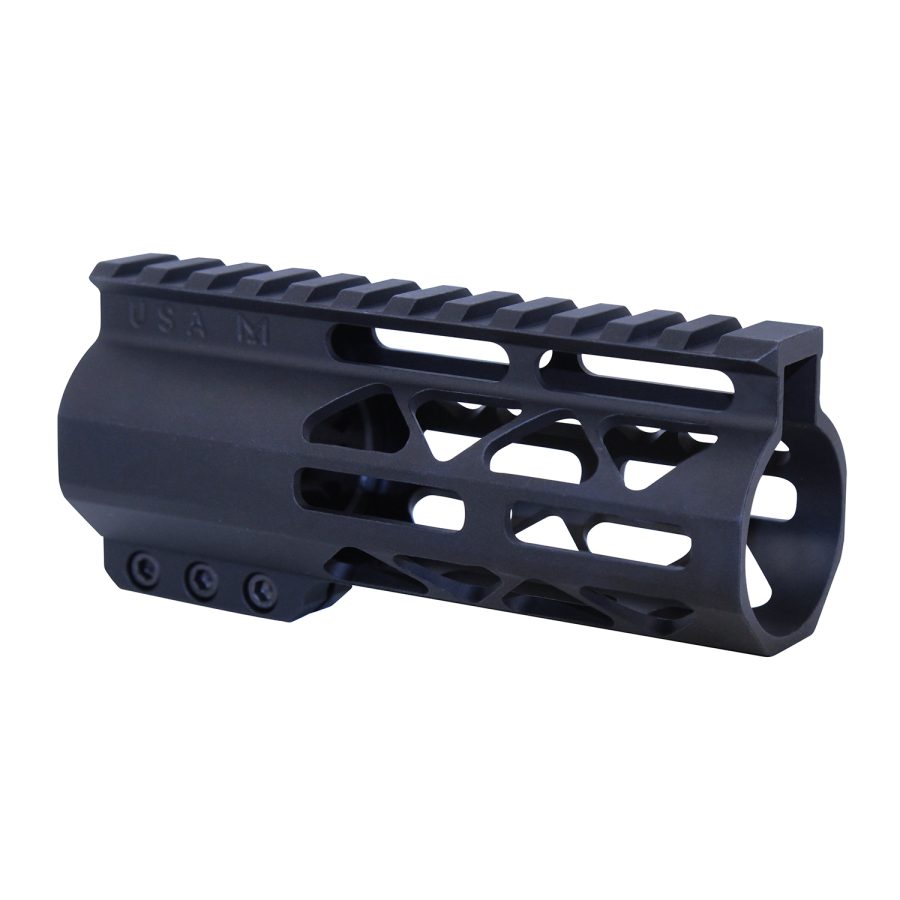 Sleek matte black handguard with Picatinny rail, lightweight, skeletonized for tactical firearm customization.
