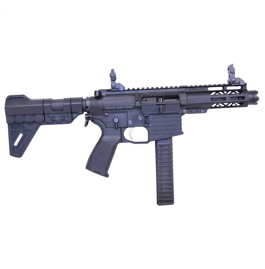 Sleek black AR-style pistol with modern design, flip-up sights, and tactical functionality.