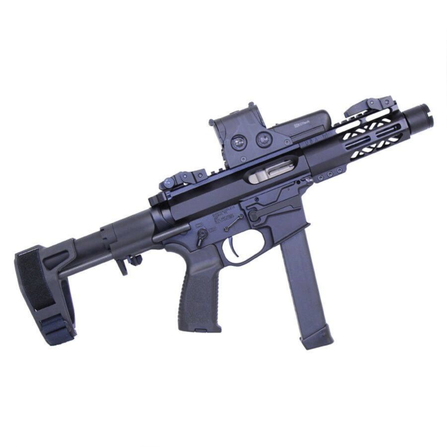 Matte black AR-pistol with brace, red dot sight, muzzle device, and ventilated handguard.