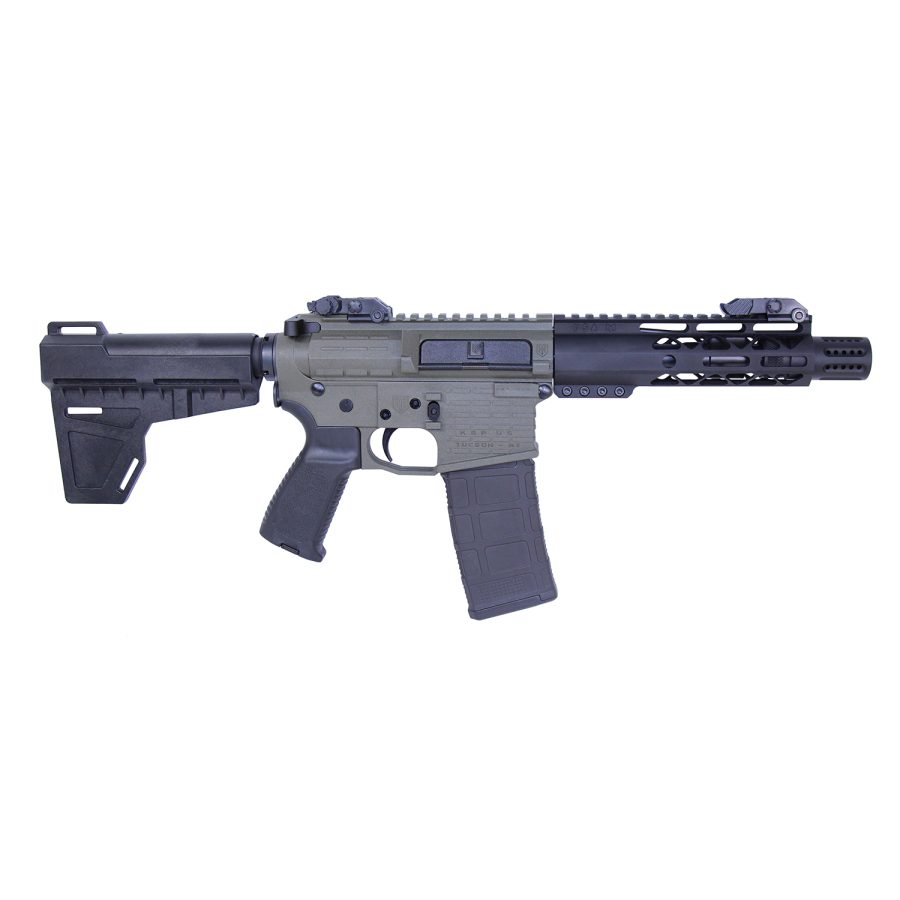 Compact AR-style tactical pistol, stabilizing brace, two-tone, ventilated handguard, modular design.