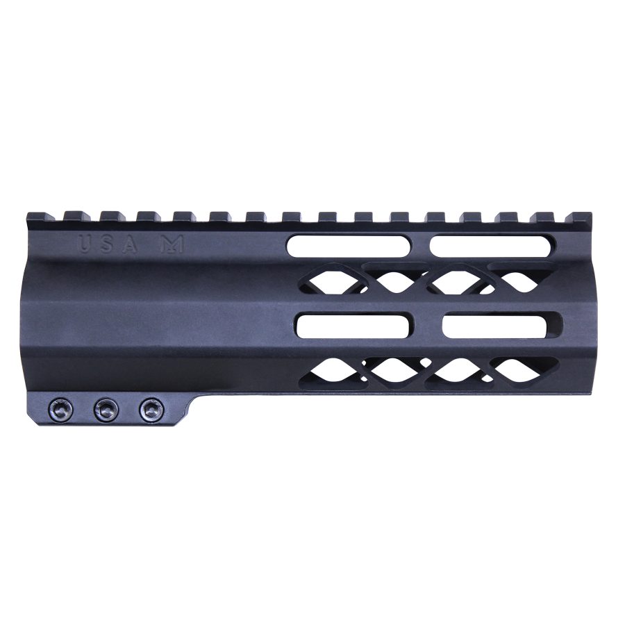 Lightweight AR-15 handguard with Picatinny rail and cutouts, engraved USA M for tactical use.