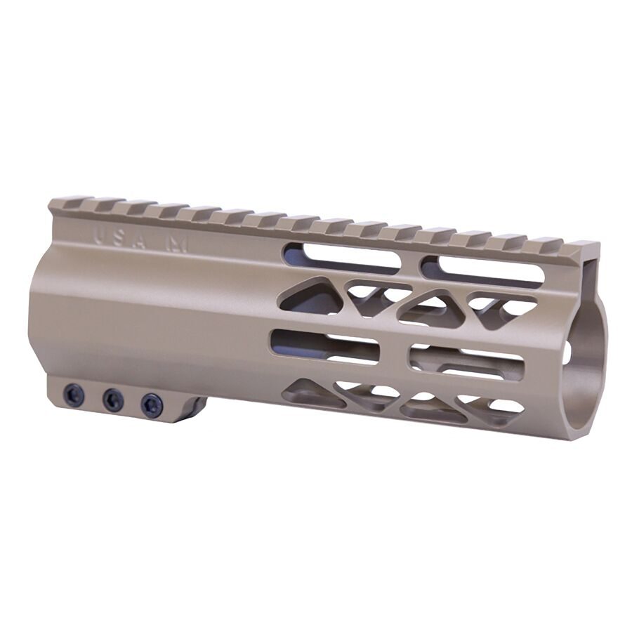 Precision-engineered AR handguard in Flat Dark Earth with Picatinny rail and M-LOK slots.