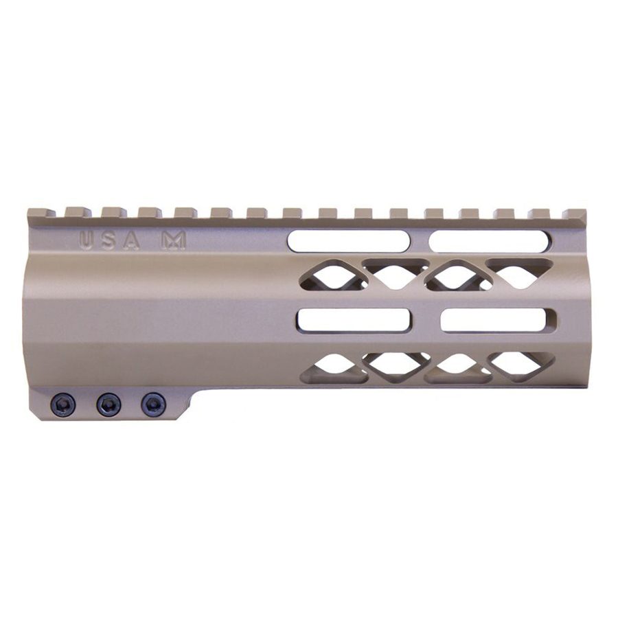 FDE handguard with Picatinny rail, cooling cutouts, anodized for durability, and hex-head fasteners.