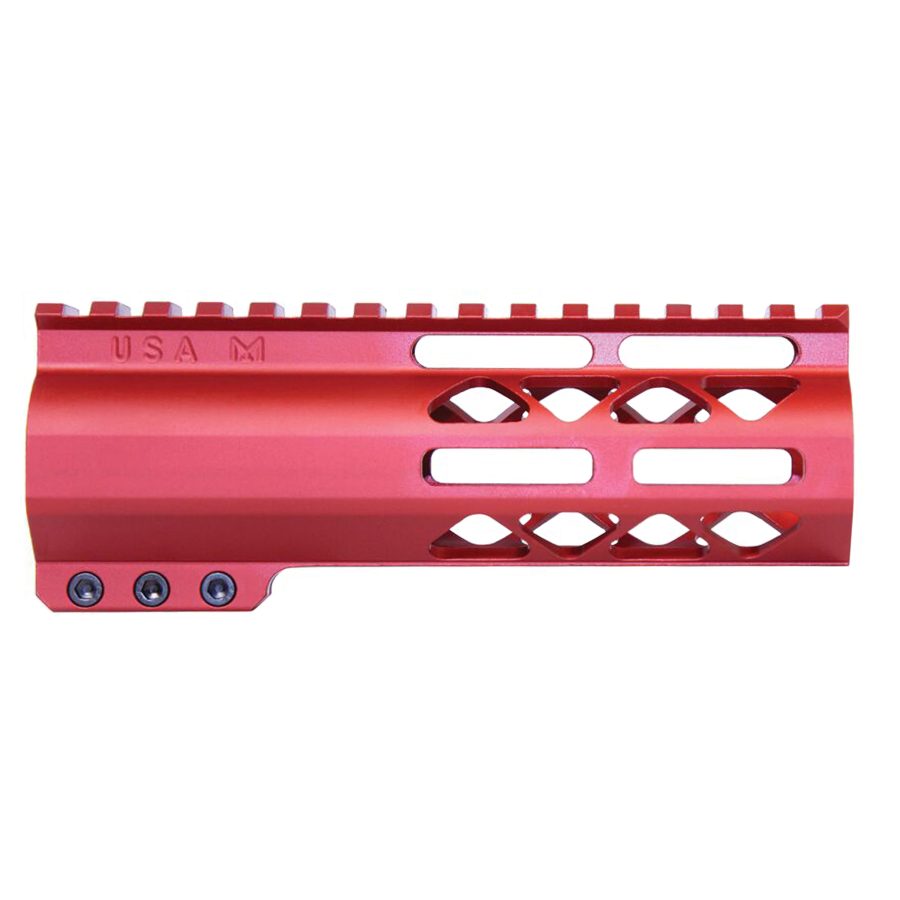 Red anodized AR-15 handguard with Picatinny rail, cutouts for cooling and weight reduction.