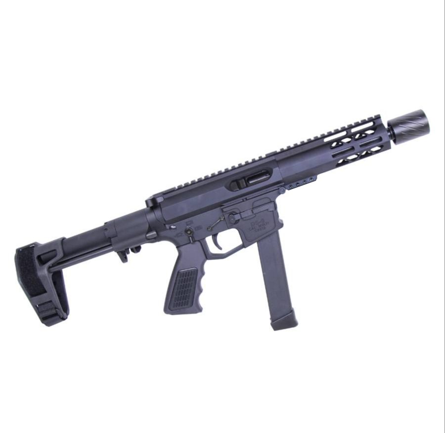 Compact tactical pistol-caliber carbine with brace, short barrel, and modular accessory rail.