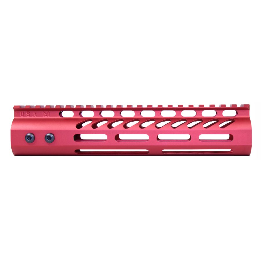 Red anodized AR-15 handguard with Picatinny rail, USA-made, features weight-reducing cutouts.
