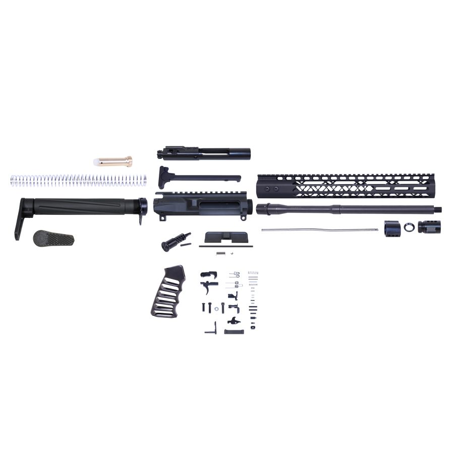 Disassembled AR rifle kit layout showcasing all parts for assembly and maintenance.
