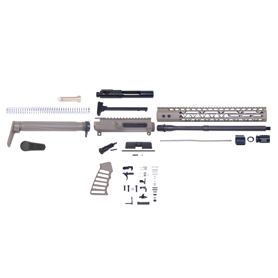 AR rifle parts kit laid out: tan, black components, modular design for firearm assembly.