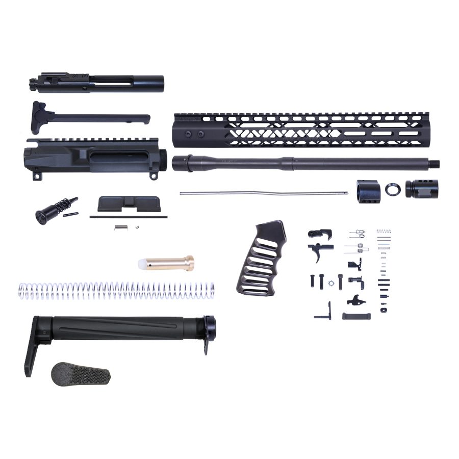 AR-style rifle parts kit displayed for firearm assembly enthusiasts.