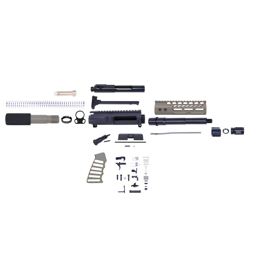 Disassembled firearm parts kit with FDE highlights against white background showcasing assembly complexity.