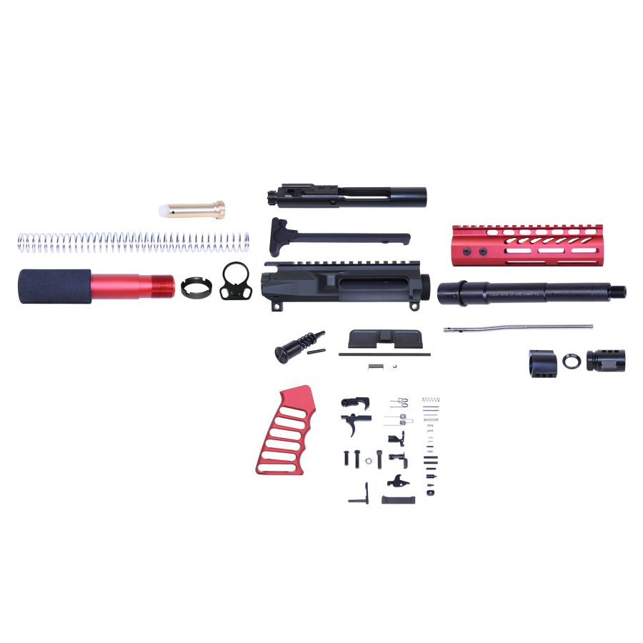 Custom AR rifle kit: black and red parts, including upper receiver and barrel assembly.