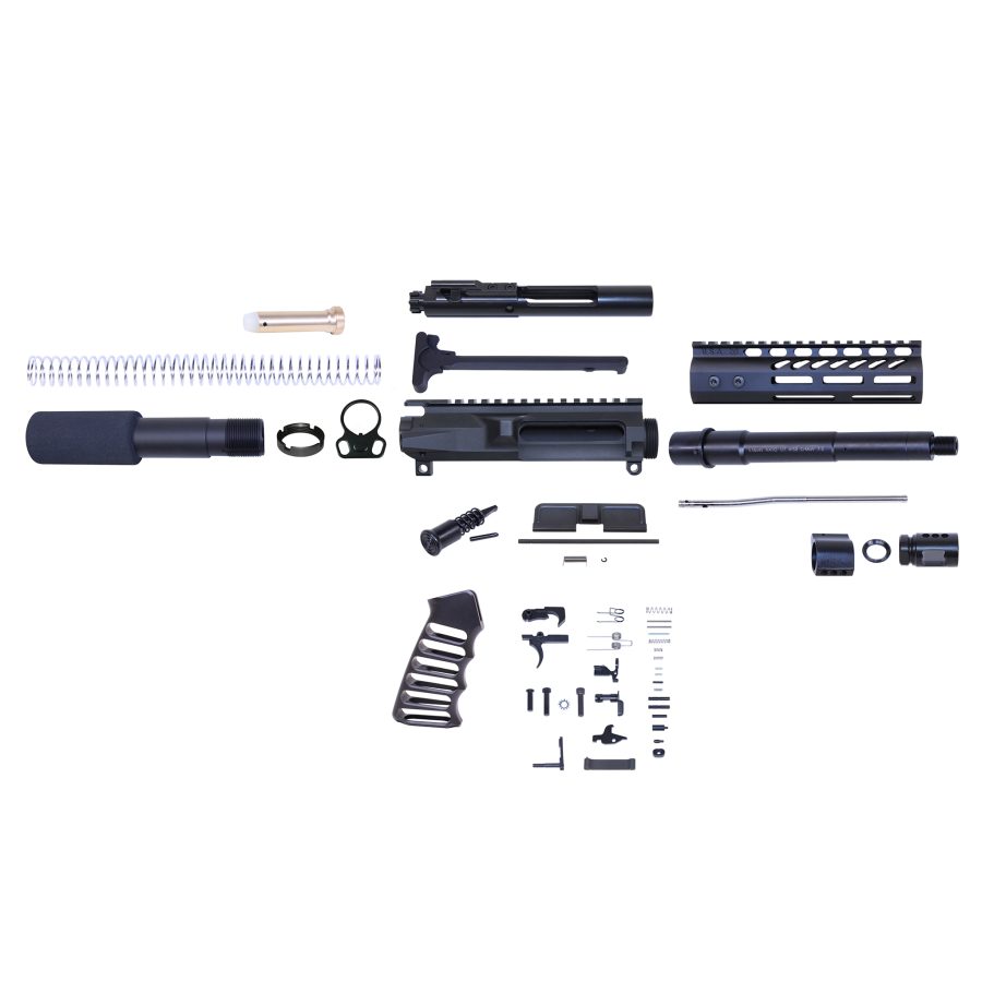 Disassembled rifle parts kit on white background showcasing all components neatly arranged.