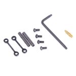 Neatly arranged firearm maintenance kit components displayed on a white background.