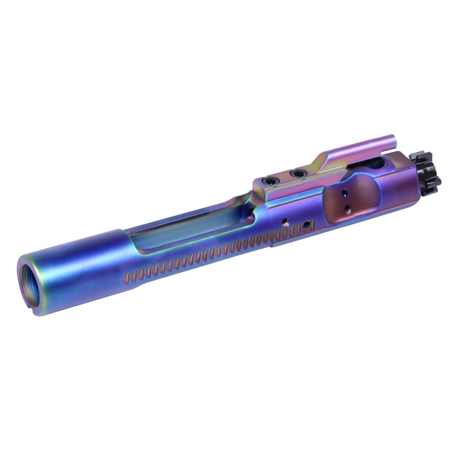 Iridescent titanium AR-15 bolt carrier group with chameleon finish on white background.