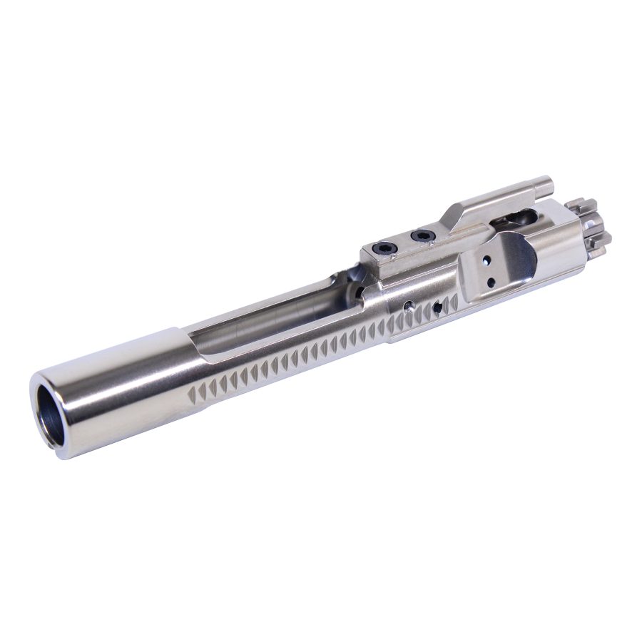 Polished stainless AR-15 bolt carrier group showcasing engineering precision and modern firearm technology.