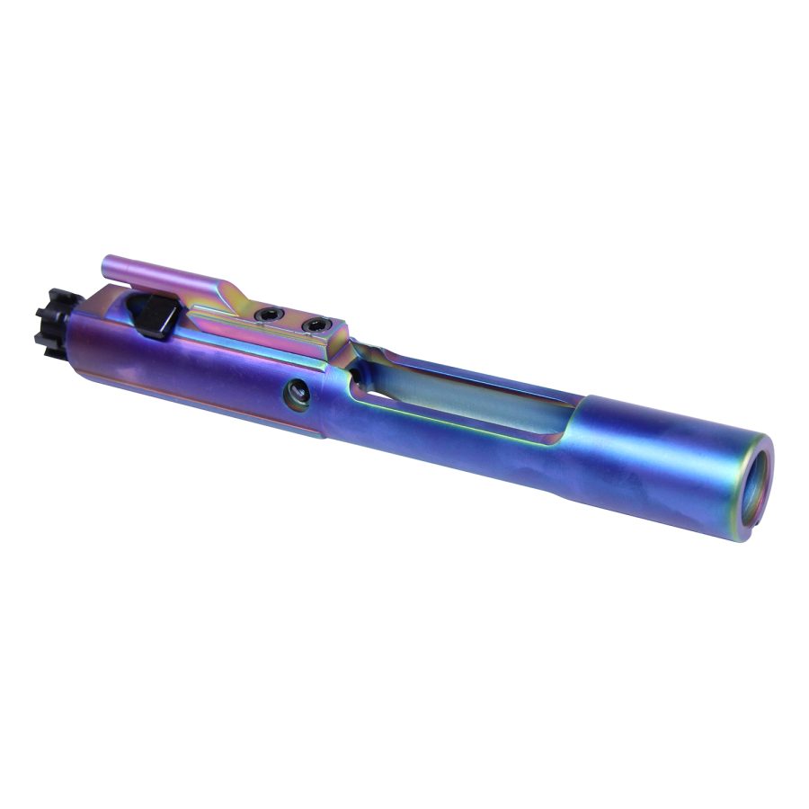 Colorful iridescent bolt carrier group for AR-15, highlighting precision engineering and custom aesthetics.