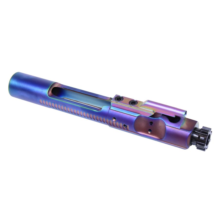 Iridescent titanium AR-15 bolt carrier group upgrade with precision-engineered components.