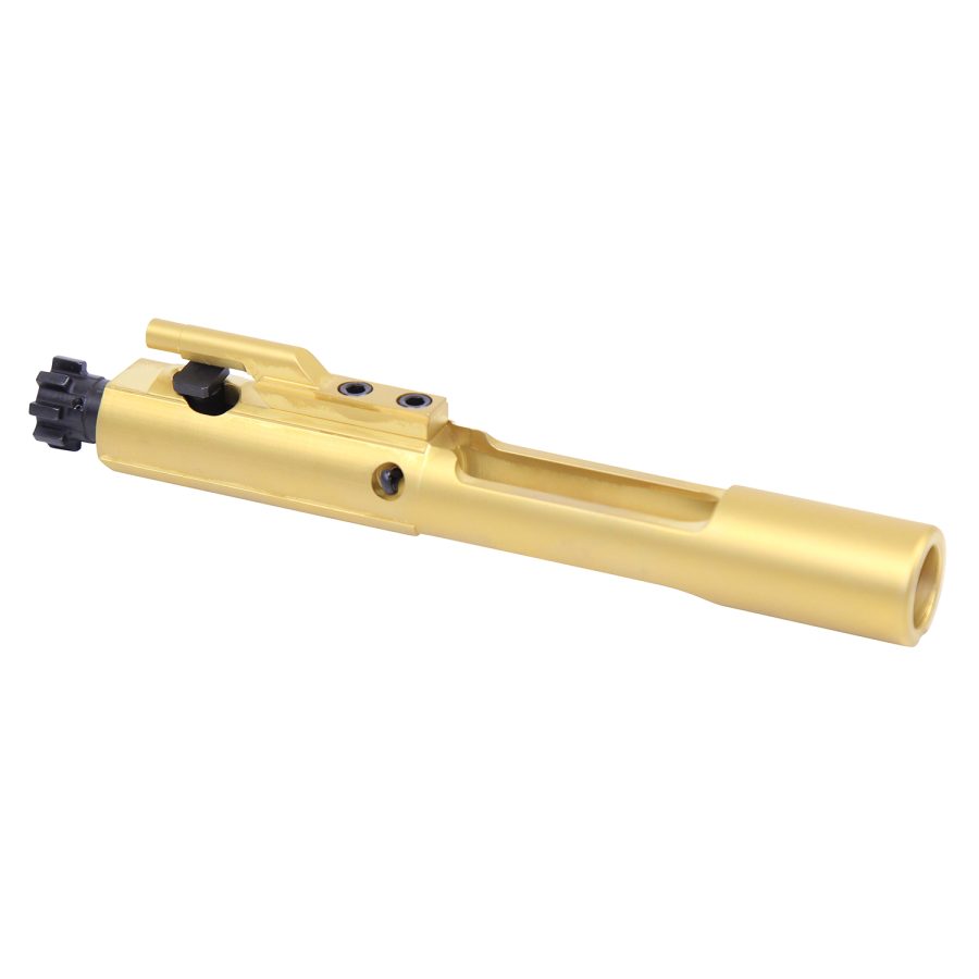 Gold Titanium Nitride Bolt Carrier for AR-15, smooth finish, wear-resistant, premium firearm part.