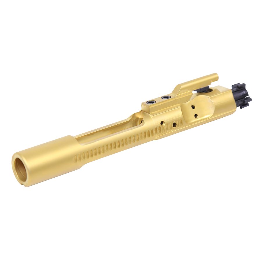 Gold titanium AR-15 bolt carrier group with precision machining and matte finish against white background.