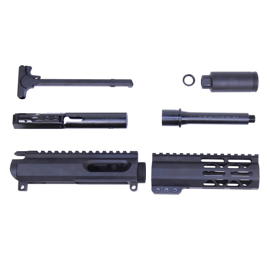 Disassembled AR-15 upper receiver parts on white background, showing matte black components.