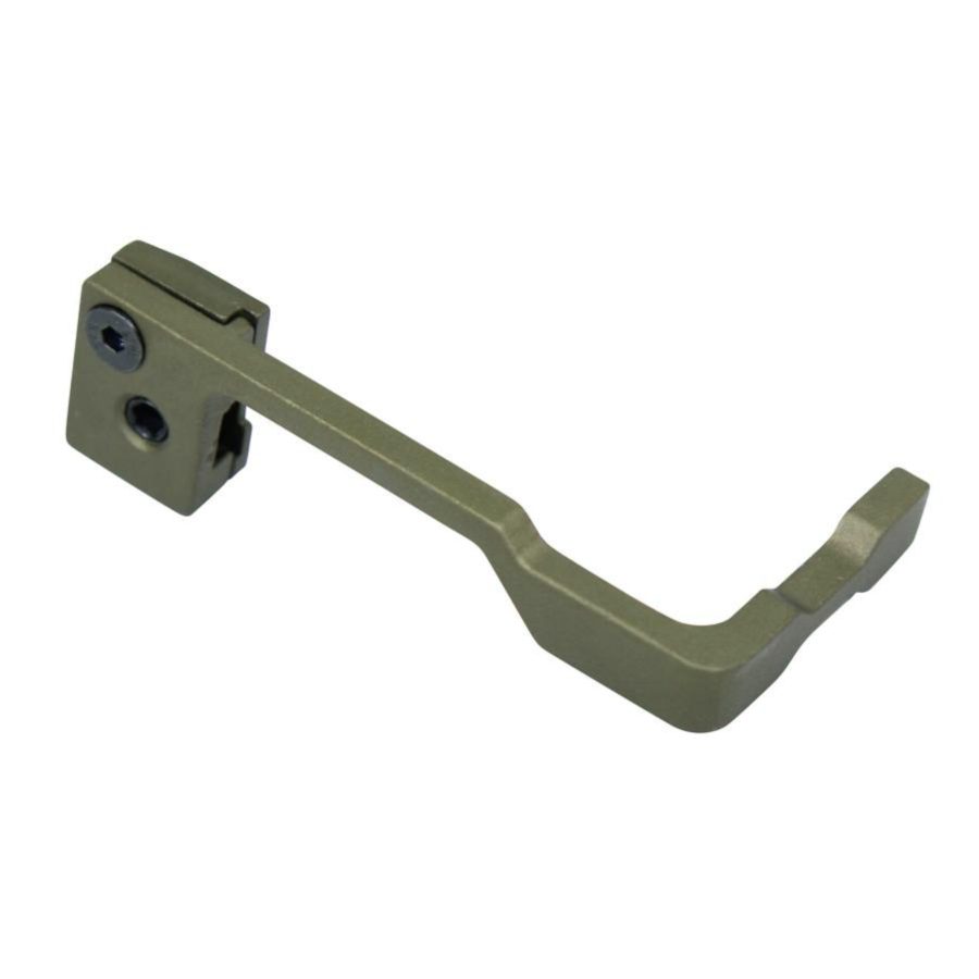 Green ergonomic metal thumb rest for camera or tool with sleek L-shaped design.