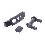 Gun trigger parts with a trigger plate, hammer, and cover on a white background.