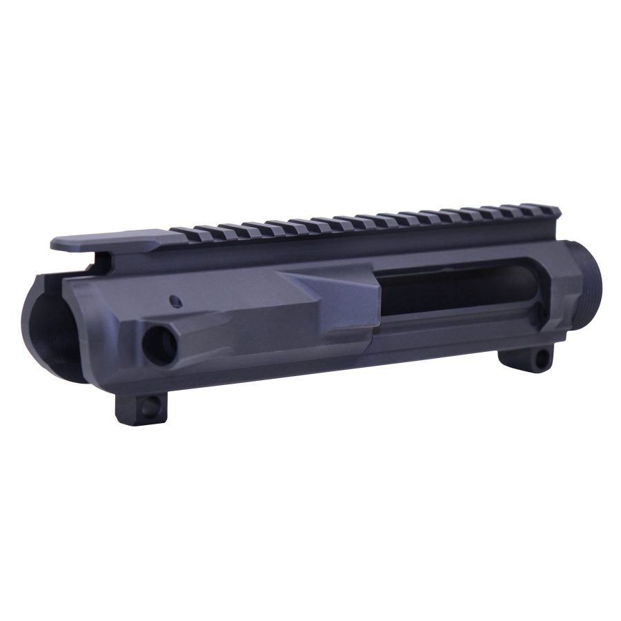 Black AR-15 Upper Receiver, Machined Aluminum, Picatinny Rail, Ejection Port, Tactical Firearm Component.