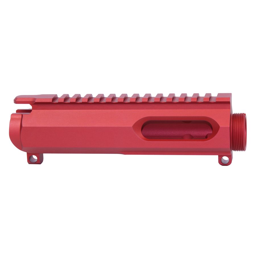 Red anodized AR-style upper receiver with precision Picatinny rail, ejection port, and barrel threading.