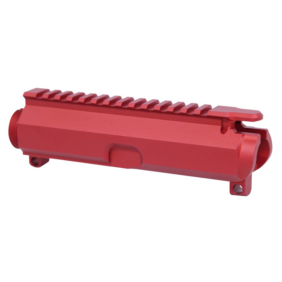 Red anodized aluminum AR-15 upper receiver with Picatinny rail for custom builds.