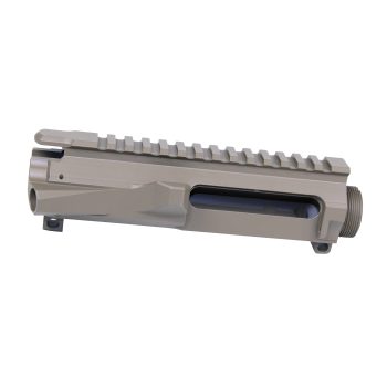 Tan AR-style upper receiver with Picatinny rail, showcasing precision machining and modular firearm compatibility.