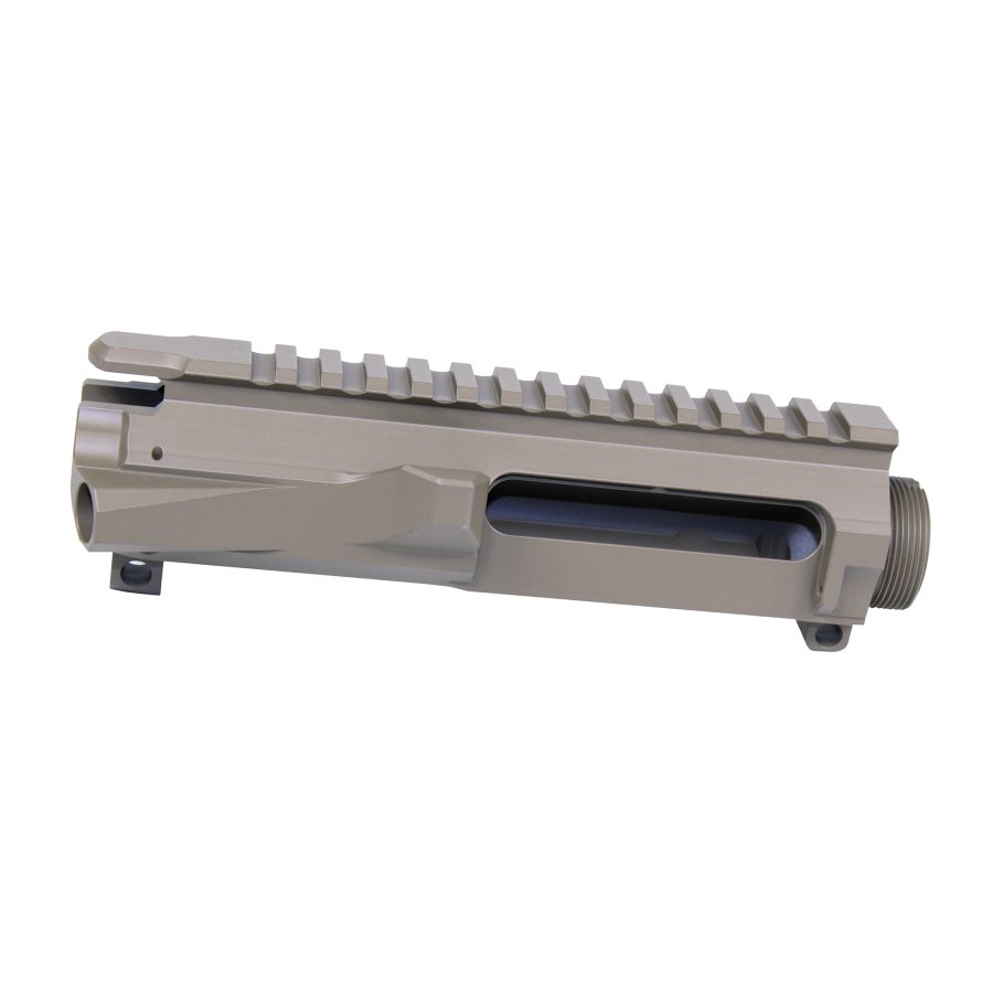 Tan AR-style upper receiver with Picatinny rail, showcasing precision machining and modular firearm compatibility.