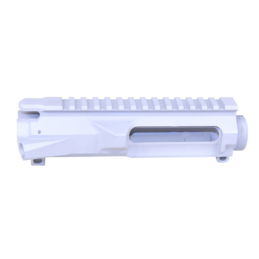 White AR-15 upper receiver with Picatinny rail and ejection port, precisely machined, new condition.