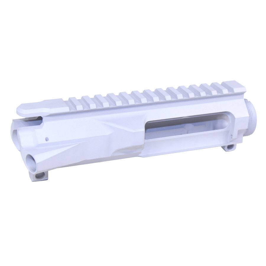 White AR-15 upper receiver with Picatinny rail, featuring forward assist and ejection port.